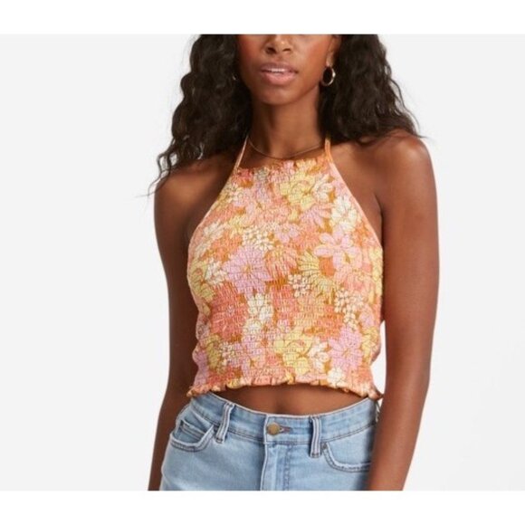 BILLABONG Feels Like Summer Halter Crop Top Sz L Multicolor Floral Cotton Smock - Picture 1 of 12
